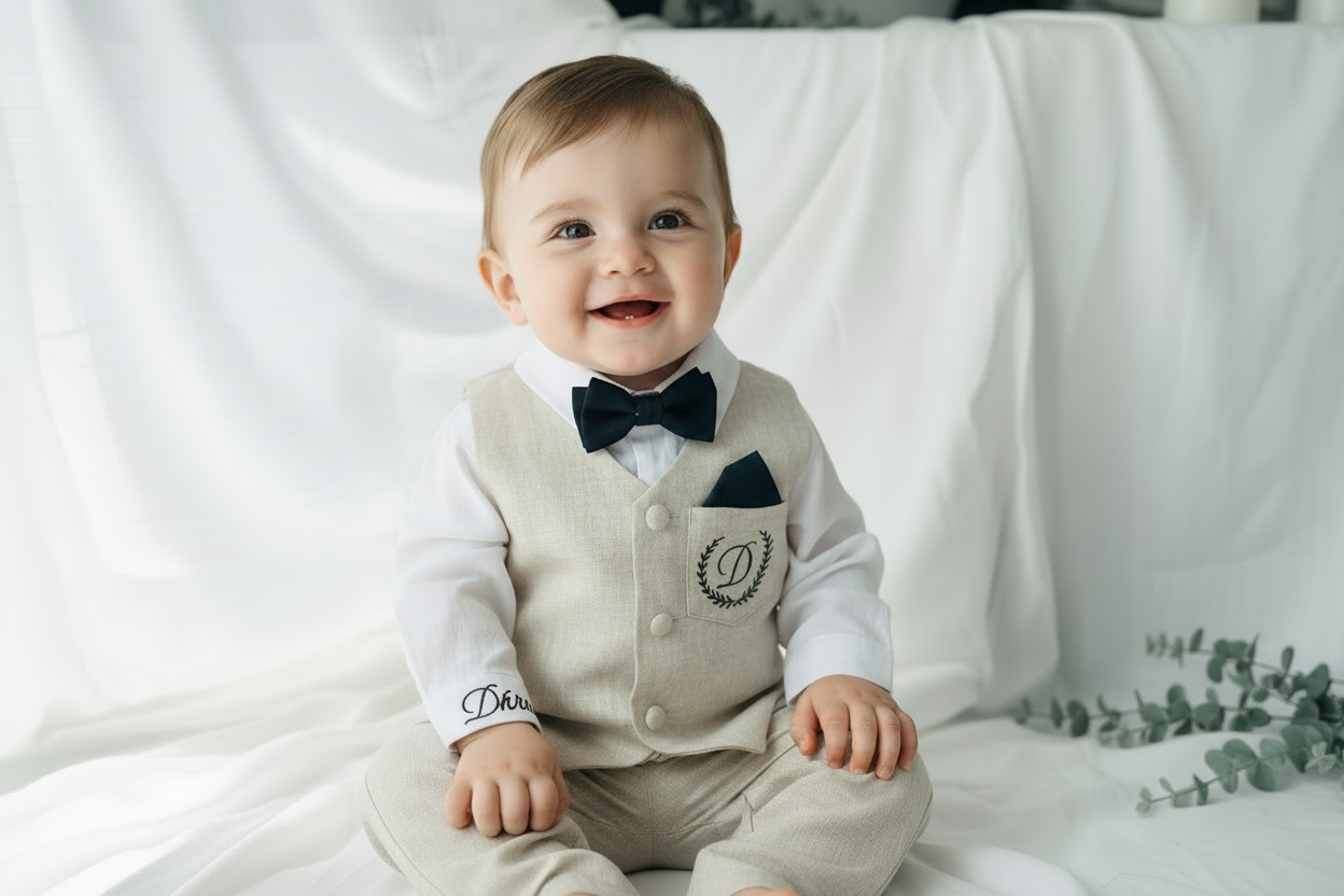 Beige Linen Outfit with vest, shirt, pants, suspenders and bowtie plus optional jacket, cap and shoes