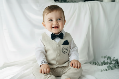 Beige Linen vest suit, shirt, pants, suspenders and bowtie plus optional jacket, cap and shoes