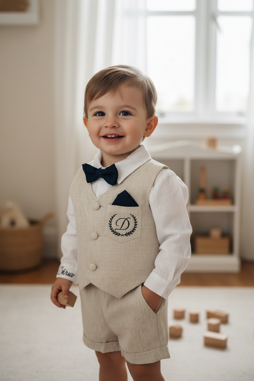 Beige Linen Shorts Shirt Suspenders and Vest set with Optional Cap Jacket and Embroidery