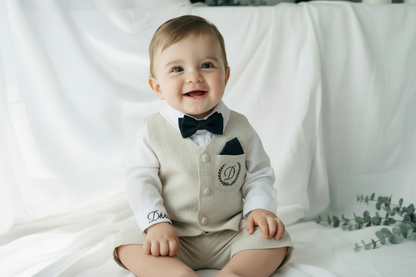 Beige Linen Shorts Shirt Suspenders and Vest set with Optional Cap Jacket and Embroidery