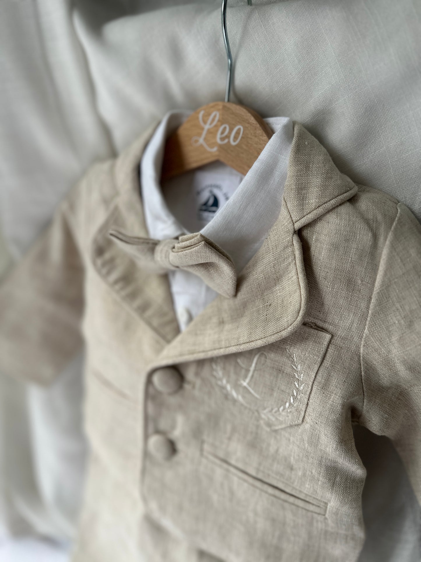Beige Linen vest suit, shirt, pants, suspenders and bowtie plus optional jacket, cap and shoes