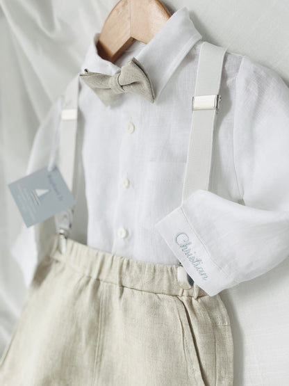 Beige linen pants and shirt set with bowtie and suspenders and optional personalisation