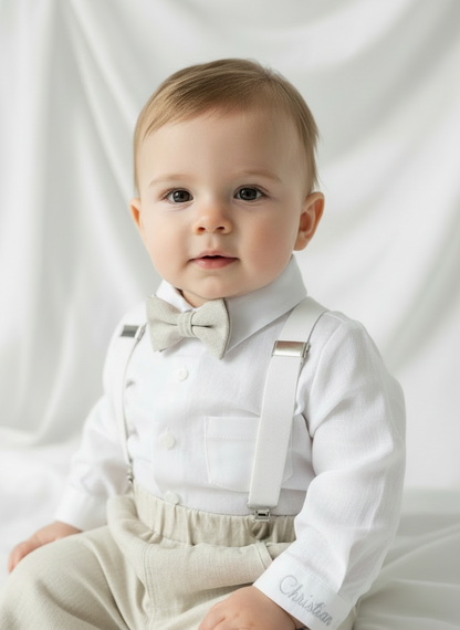 Beige Linen full length suit with pants, shirt, jacket and accessories