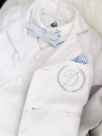 Boys White linen Baptism blazer jacket with optional embroidery