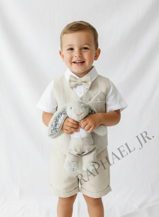 Beige Linen Shorts Shirt Suspenders and Vest set with Optional Cap Jacket and Embroidery