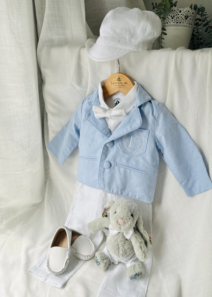 Boys Pale Blue chambray Jacket and White Linen Baptism Outfit