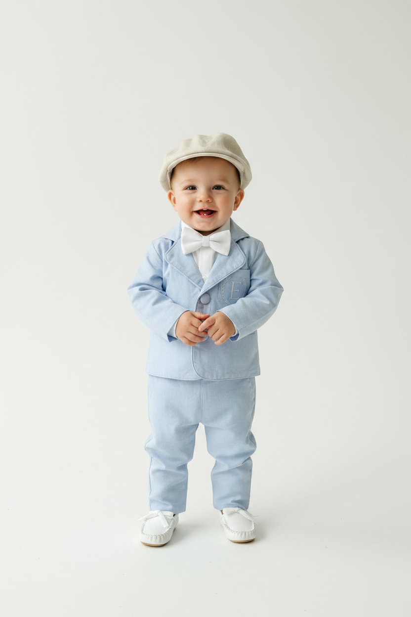 Blue chambray set with blue pants, white linen shirt, white, blue or beige suspenders and blue bow tie