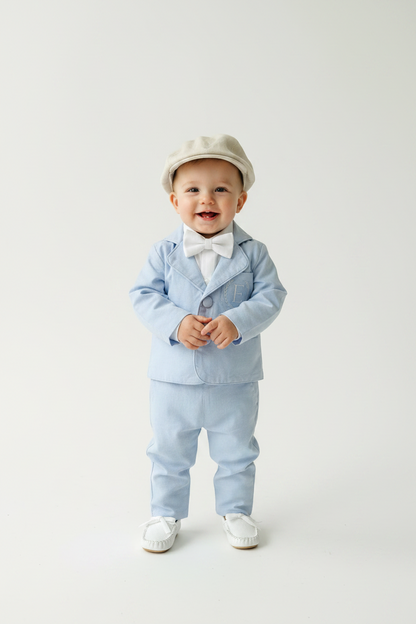 Blue chambray set with blue pants, white linen shirt, white, blue or beige suspenders and blue bow tie