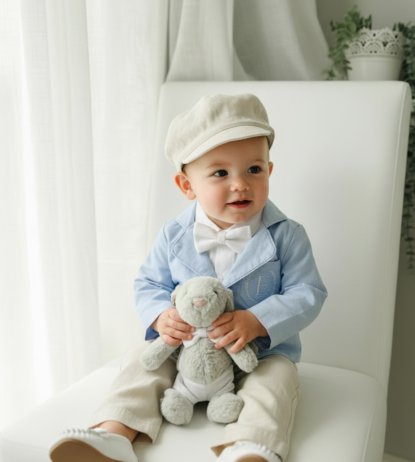 Boys Pale Blue chambray Jacket and beige Linen pants suit