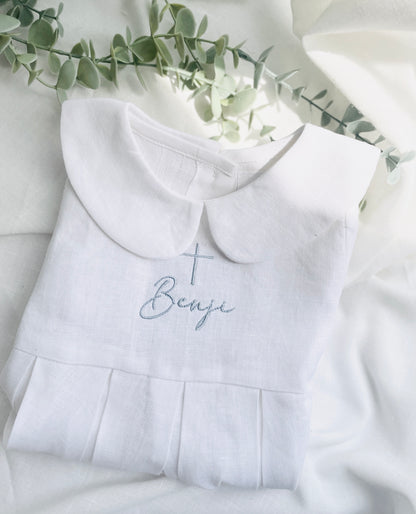 Linen Baptism 3/4 length jumpsuit with optional cardigan and embroidery