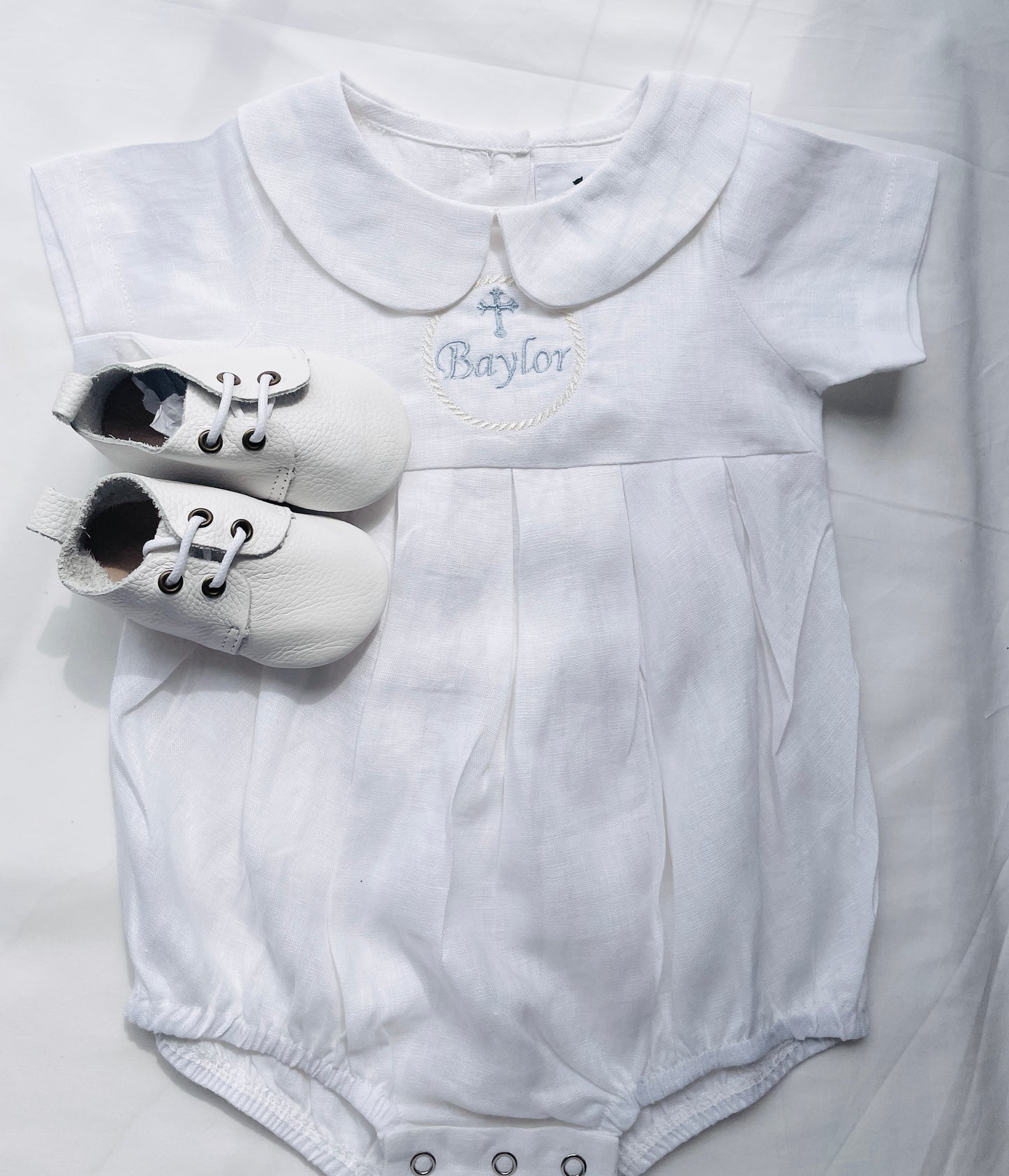 Linen Baptism peter pan collar romper outfit with optional embroidery customisation