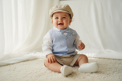 Pale blue and Beige linen summer set with blue vest, white shirt, beige shorts, suspenders and blue bow tie