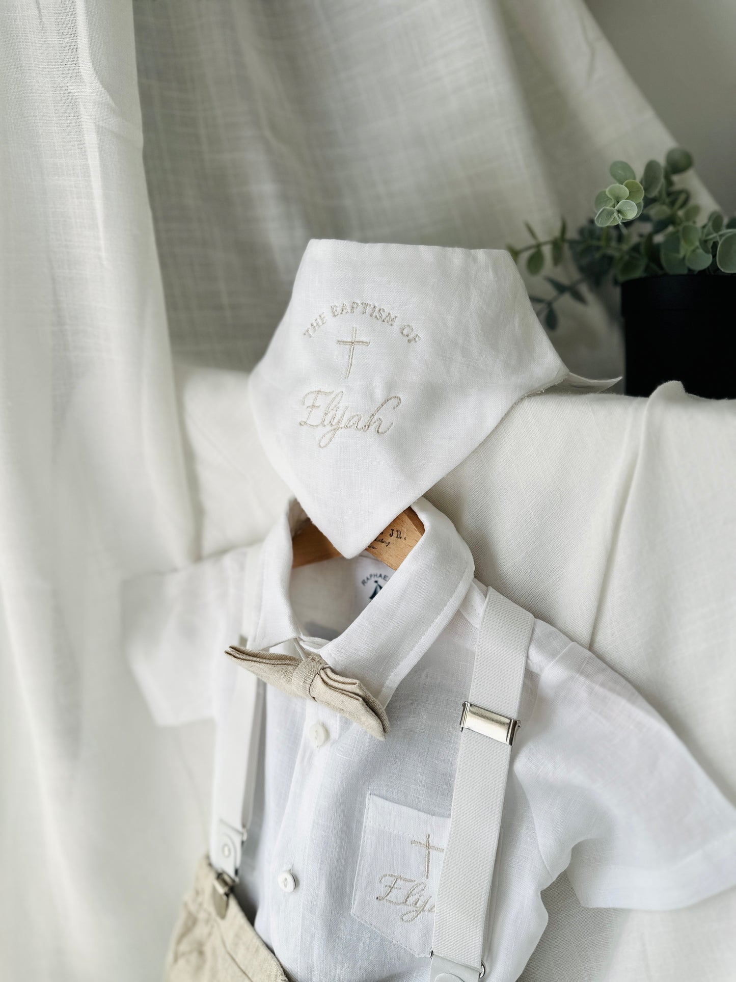 White linen Baptism Christening bib with optional embroidery