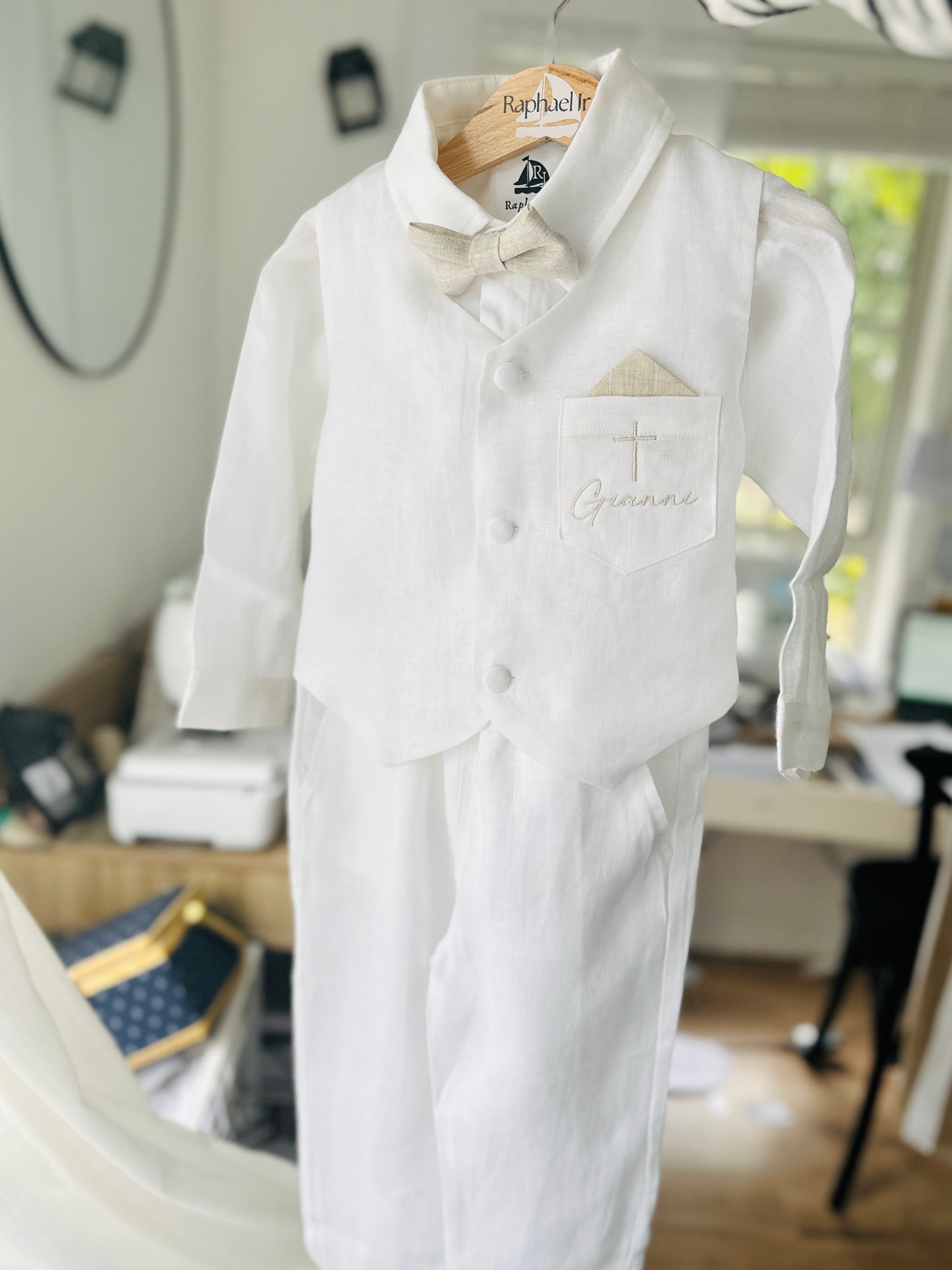 Boys white linen full length Baptism set with vest, shirt, pants, suspenders and bow tie