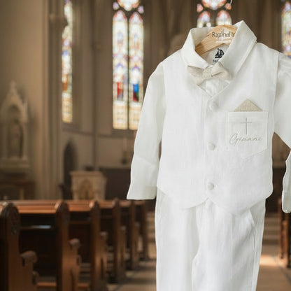 Boys white linen full 5 piece suit with vest, jacket, shirt, pants, suspenders and bow tie plus extras