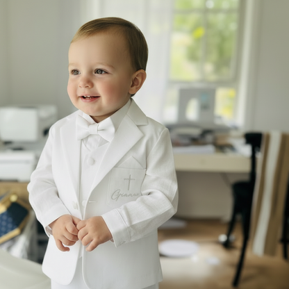 Boys white linen full 5 piece suit with vest, jacket, shirt, pants, suspenders and bow tie plus extras
