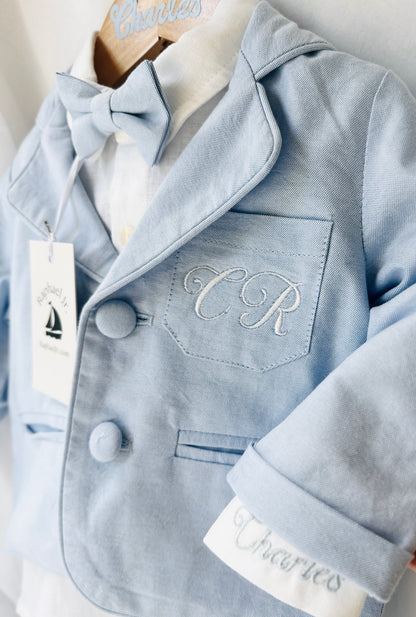 Boys Pale Blue chambray Jacket and White Linen Baptism Outfit