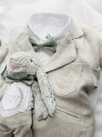 Beige Linen Baptism outfit with suspender shorts, shirt, and bow tie plus optional jacket and embroidery