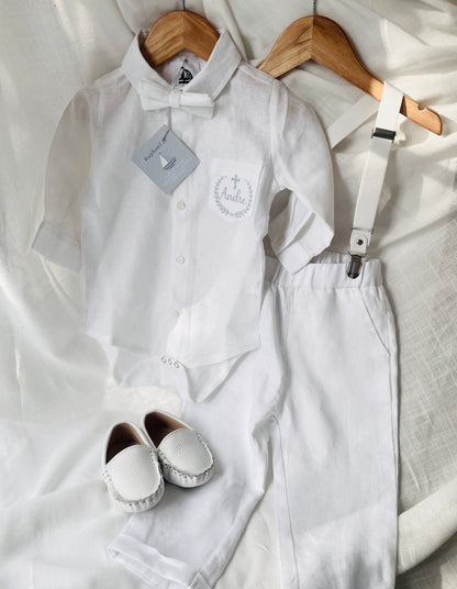 White linen Baptism Suit outfit with optional blue jacket and Accessories