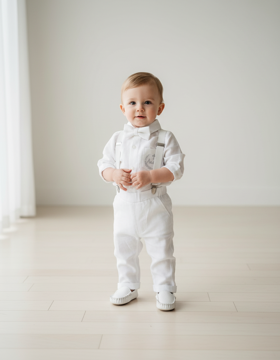 White linen Baptism suit set with pants, shirt, suspenders and bowtie plus optional jacket and extras