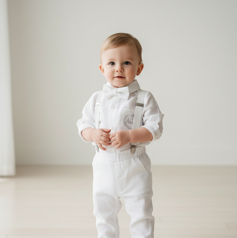 White linen Baptism suit set with pants, shirt, suspenders and bowtie plus optional jacket and extras