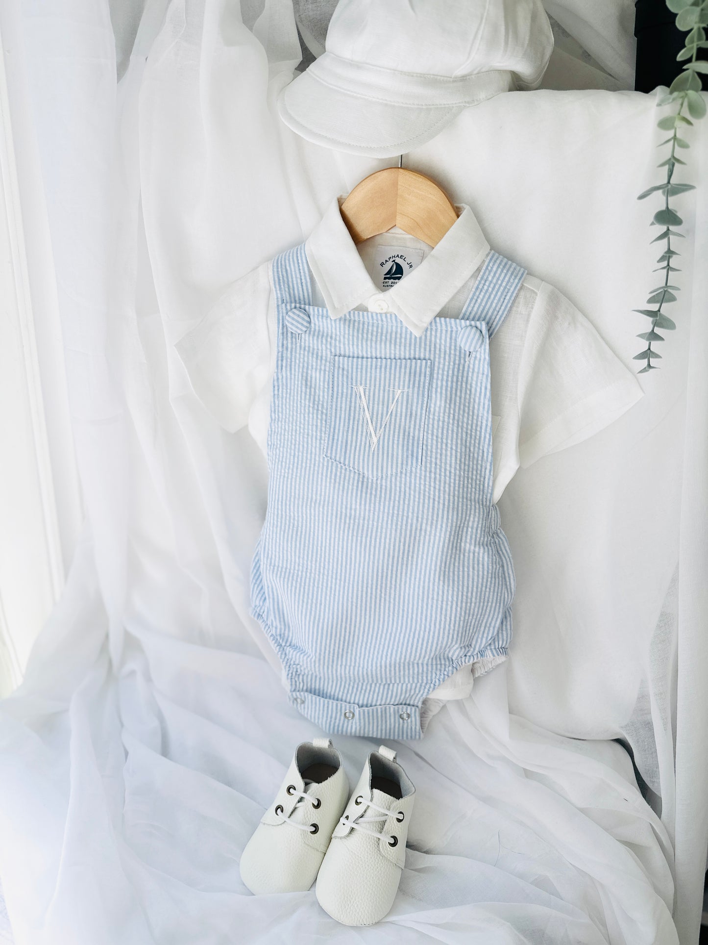 Baby and Toddler boys blue and white linen baptism and birthday romper and shirt set