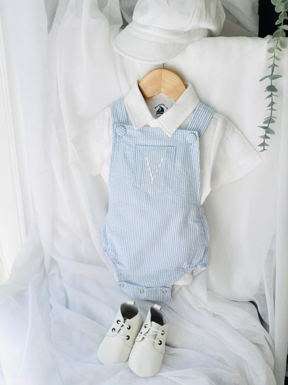Baby and Toddler boys blue and white linen baptism and birthday romper and shirt set