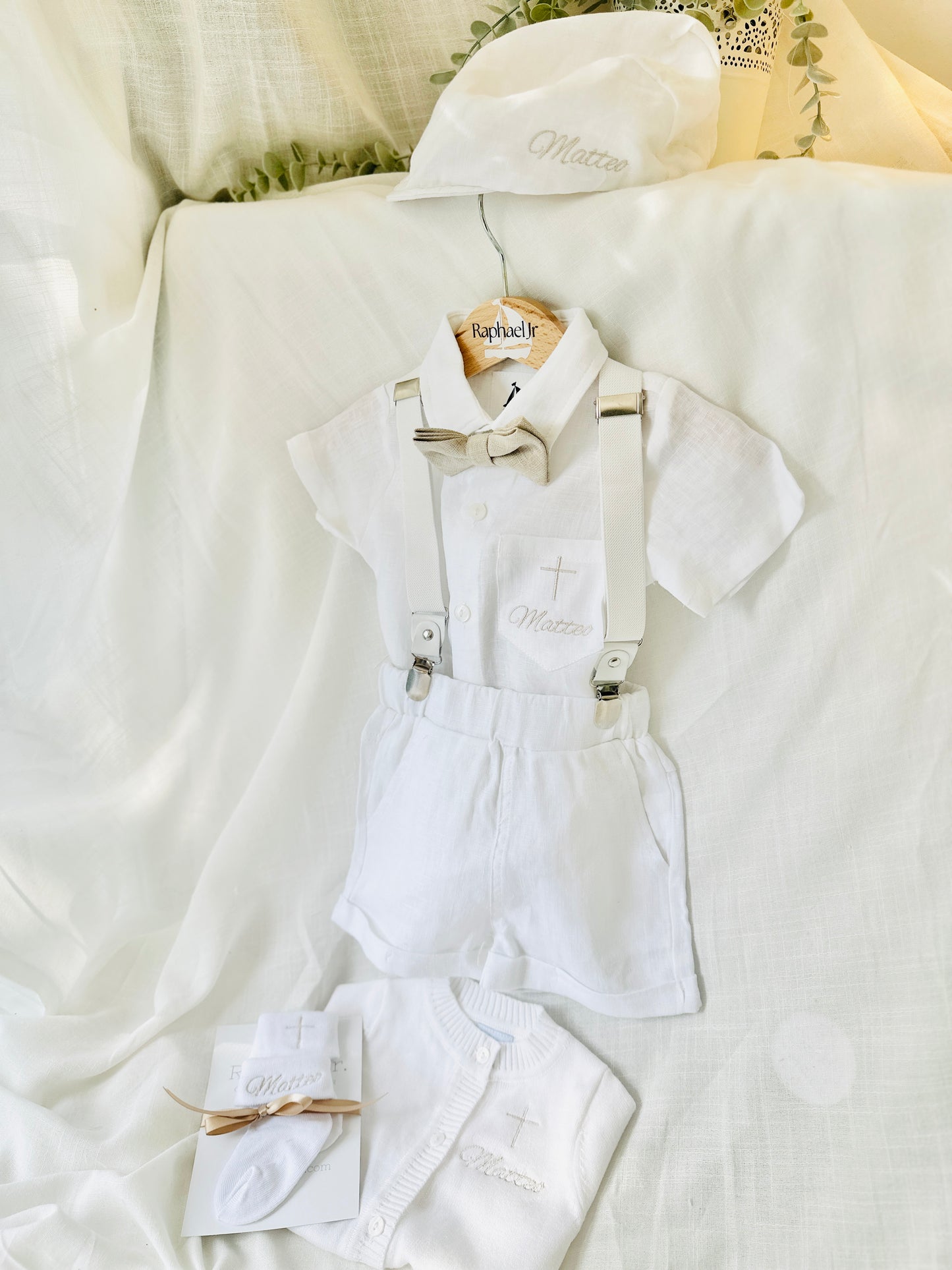 White linen summer Baptism set with shirt shorts suspenders bow tie and optional jacket