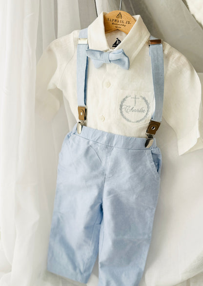Boys pale blue shorts with linen shirt, blue suspenders and bow tie outfit plus optional extras