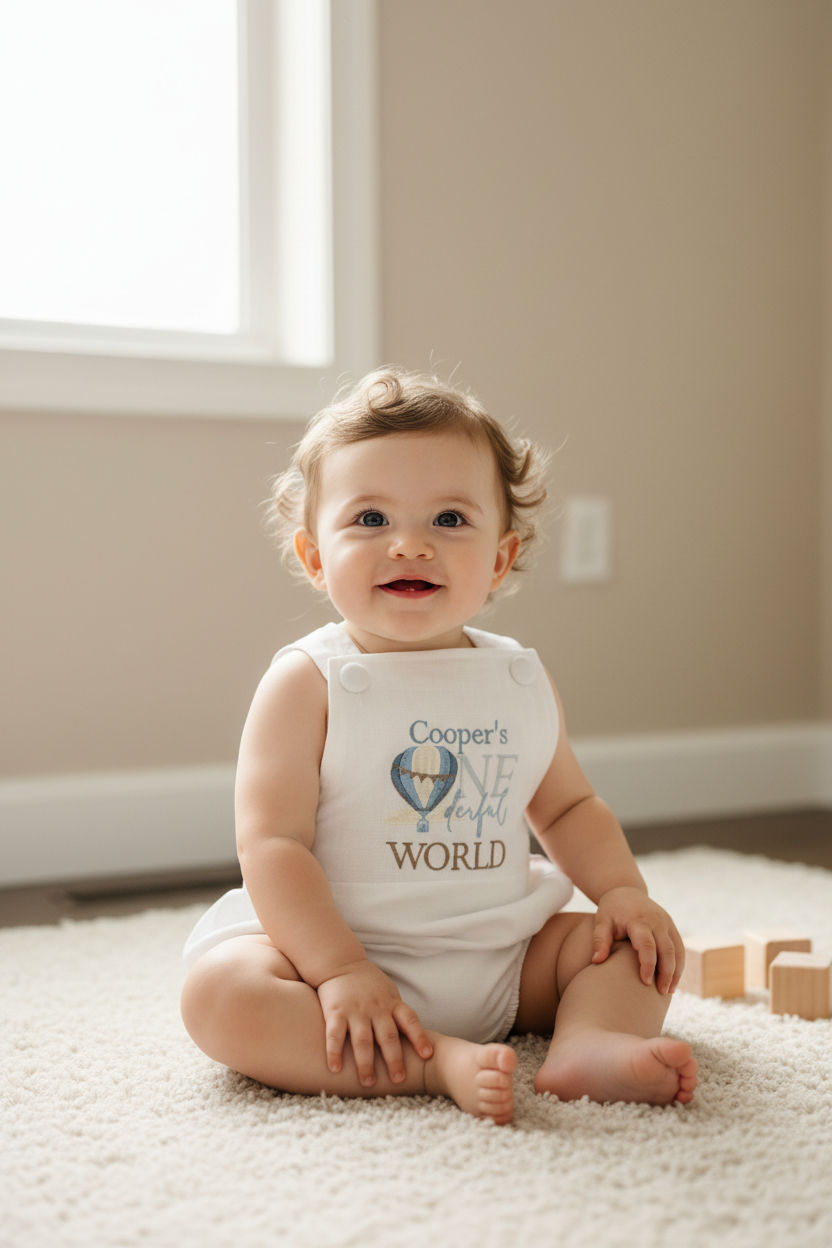 Boys Beige Linen First Birthday romper Pooh Bear and other designs