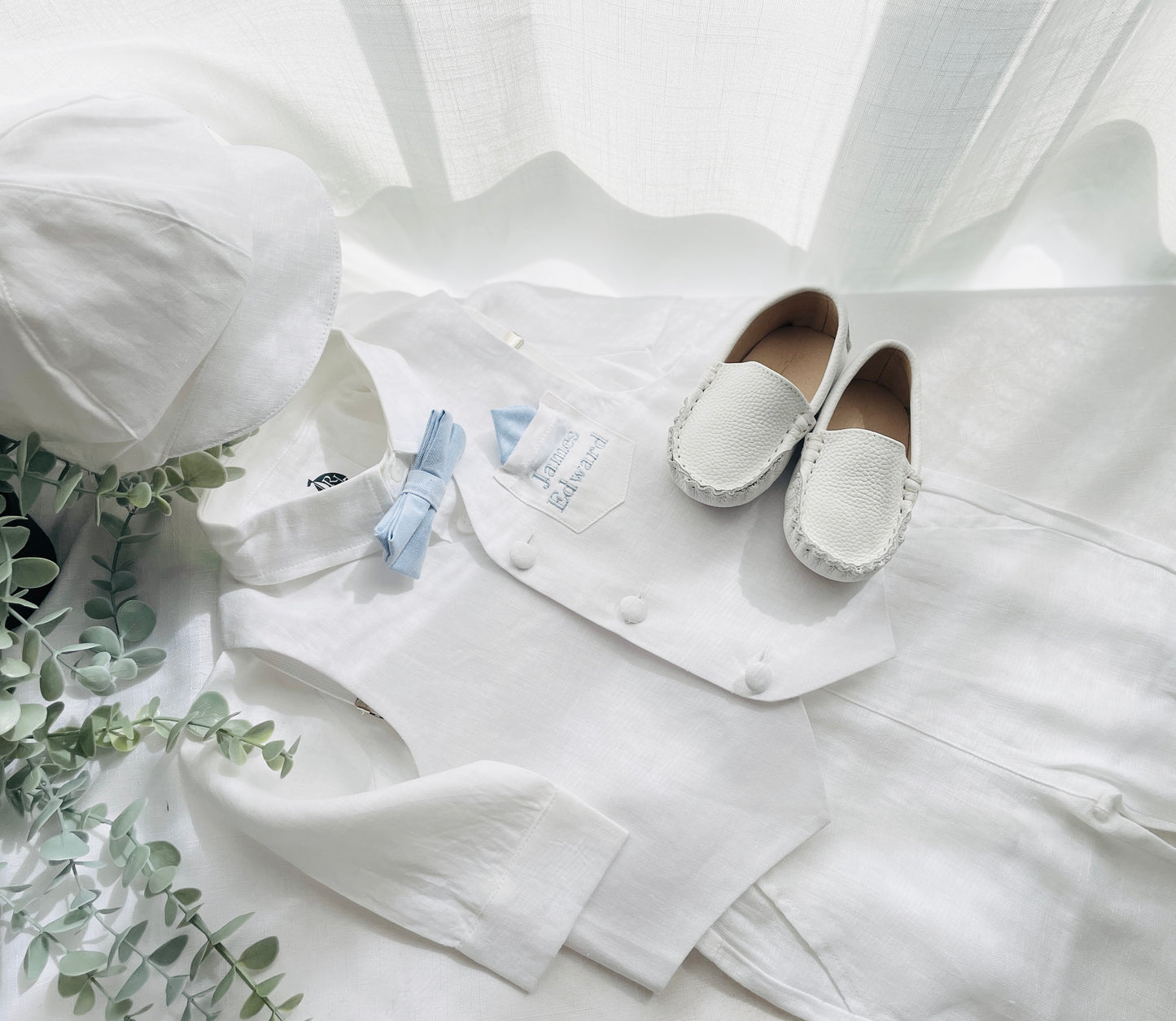 Baby and Toddler Boys white linen full length set with vest, shirt, pants, suspenders and bowtie