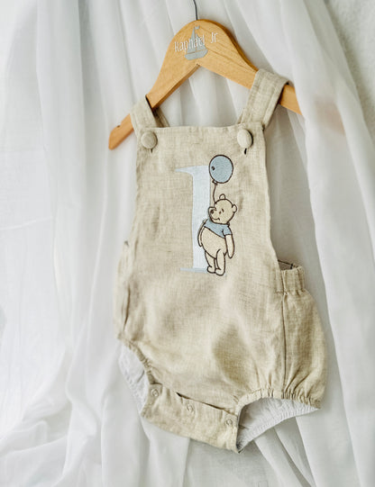 Boys Beige Linen First Birthday romper Pooh Bear and other designs