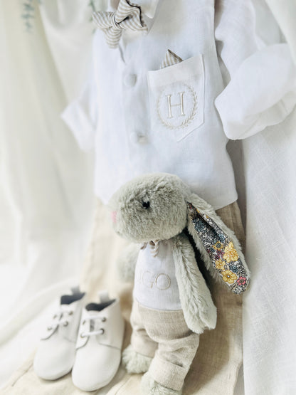 Boys white and beige linen set with vest, shirt, pants, suspenders and bowtie