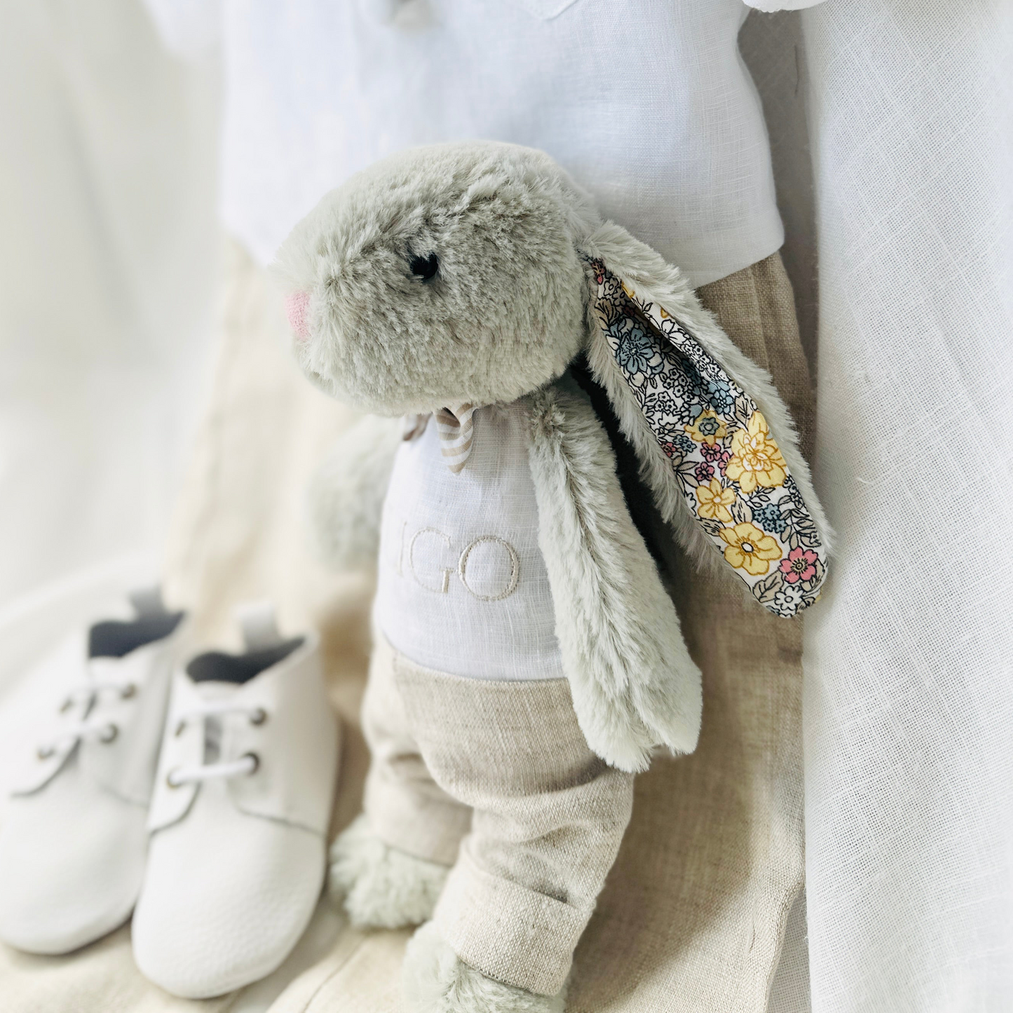 Beige Linen vest suit, shirt, pants, suspenders and bowtie plus optional jacket, cap and shoes