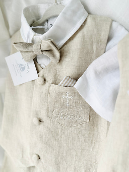 Beige Linen Shorts Shirt Suspenders and Vest set with Optional Cap Jacket and Embroidery