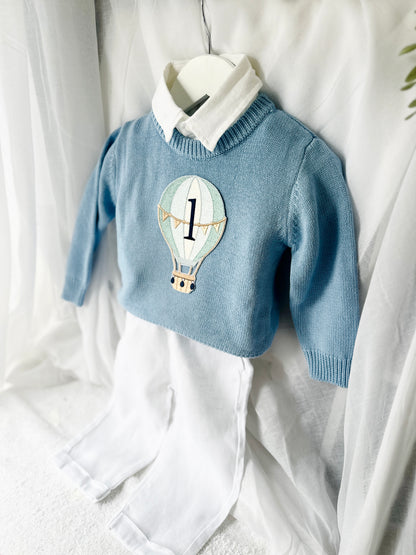 Pale blue teddy or hot air balloon jumper knit