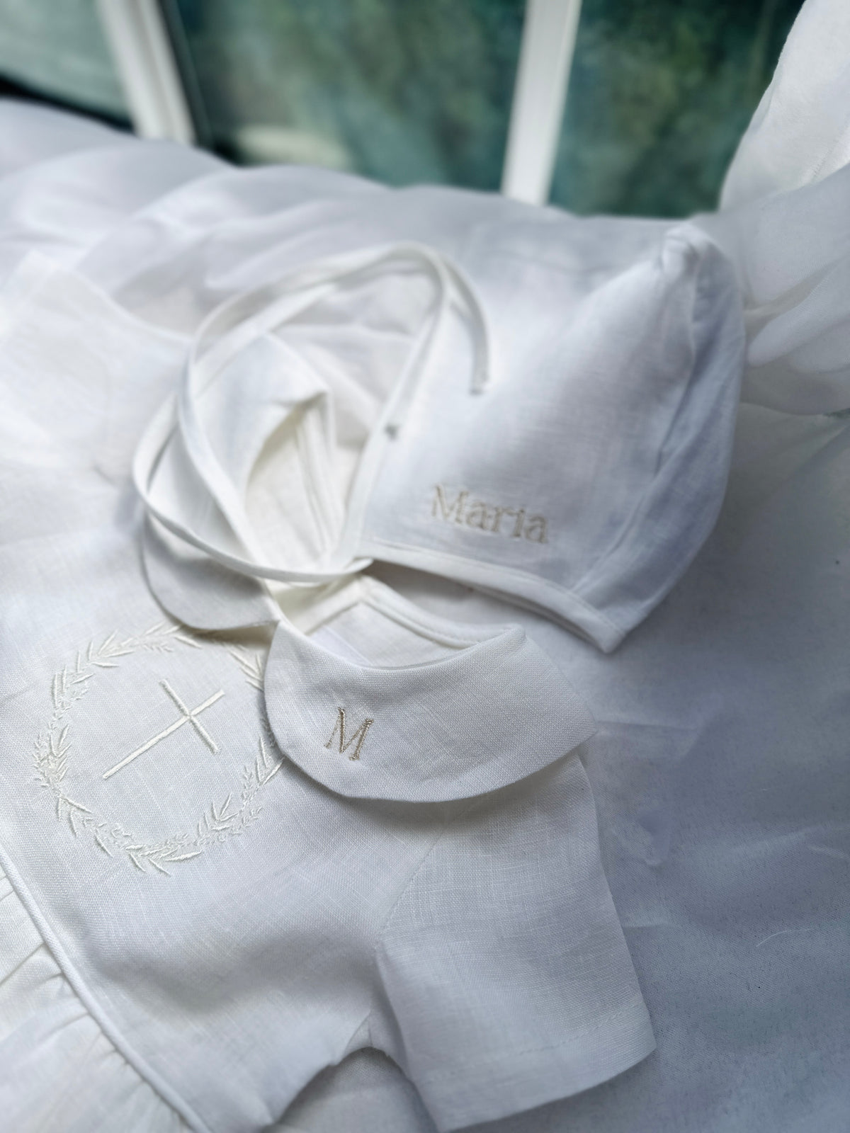 Pure Linen knee length Baptism Dress with embroidery and bloomers and optional ribbon
