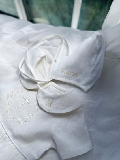 Pure Linen knee length Baptism Dress with embroidery and bloomers and optional ribbon