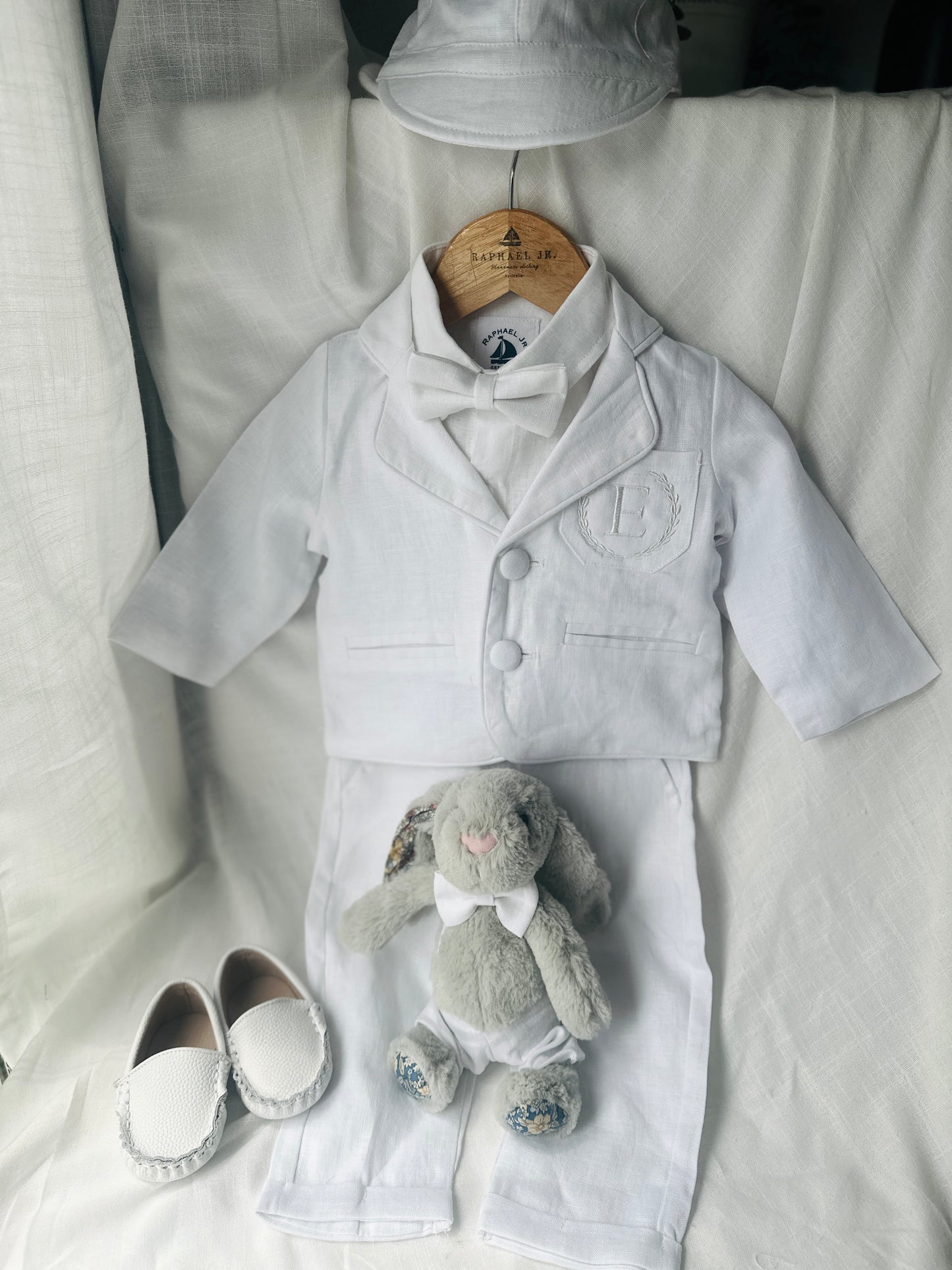 White linen Baptism suit set with pants, shirt, suspenders and bowtie plus optional jacket and extras