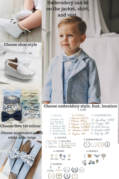 Pale blue summer vest set with blue vest, suspender shorts white shirt and blue blazer