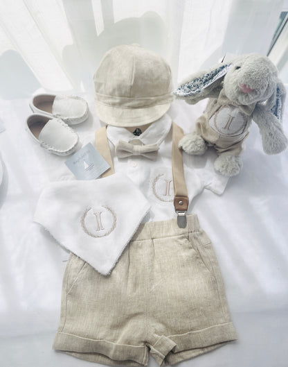 Beige Linen Baptism outfit with suspender shorts, shirt, and bow tie plus optional jacket and embroidery