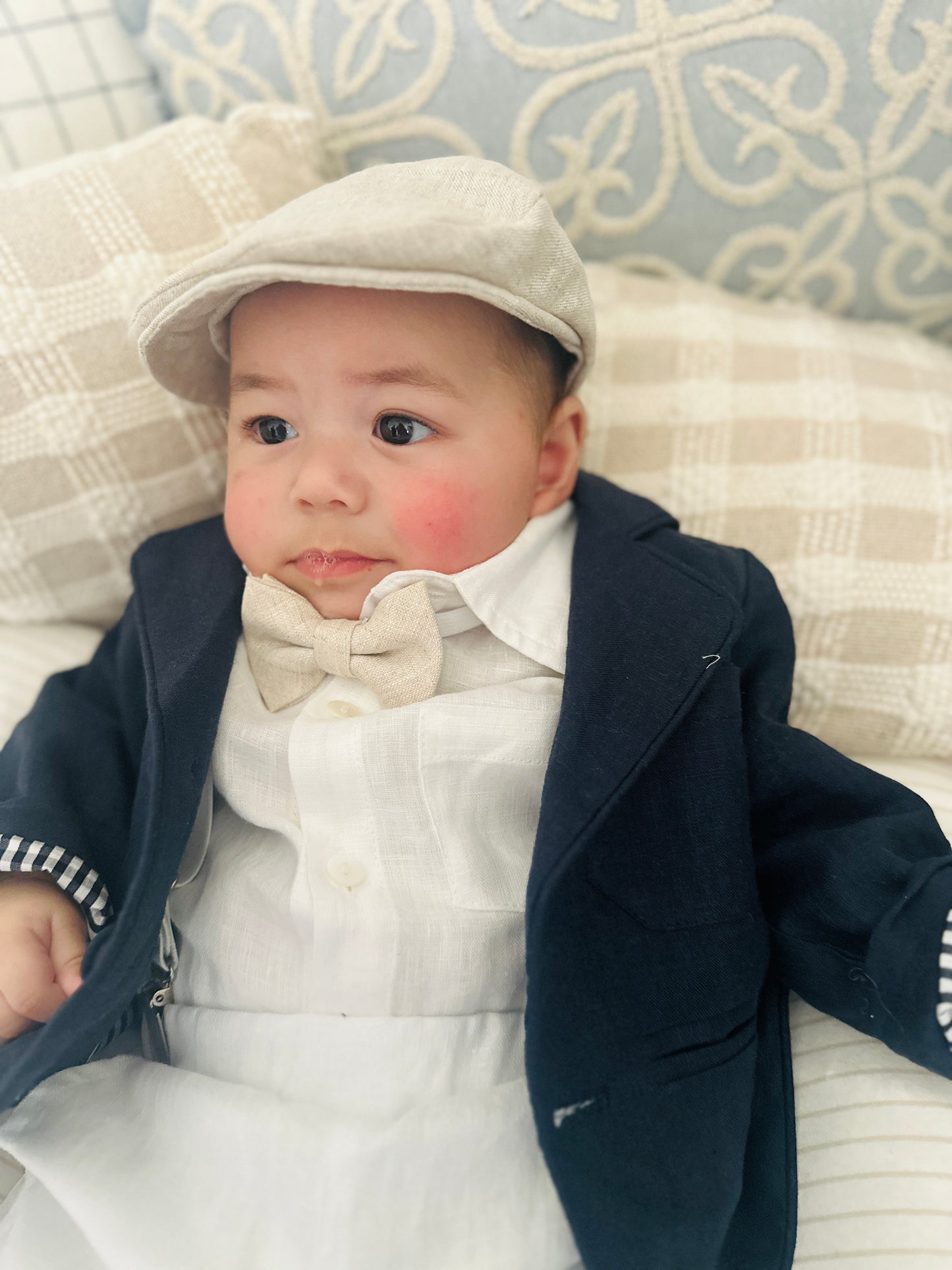 Navy blue and white linen boys formal baptism or wedding suit