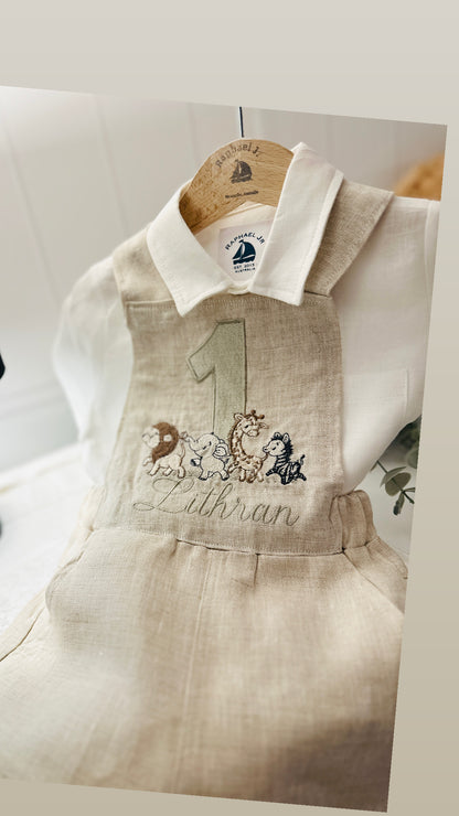 Boys beige pure linen overalls with optional shirt and embroidery