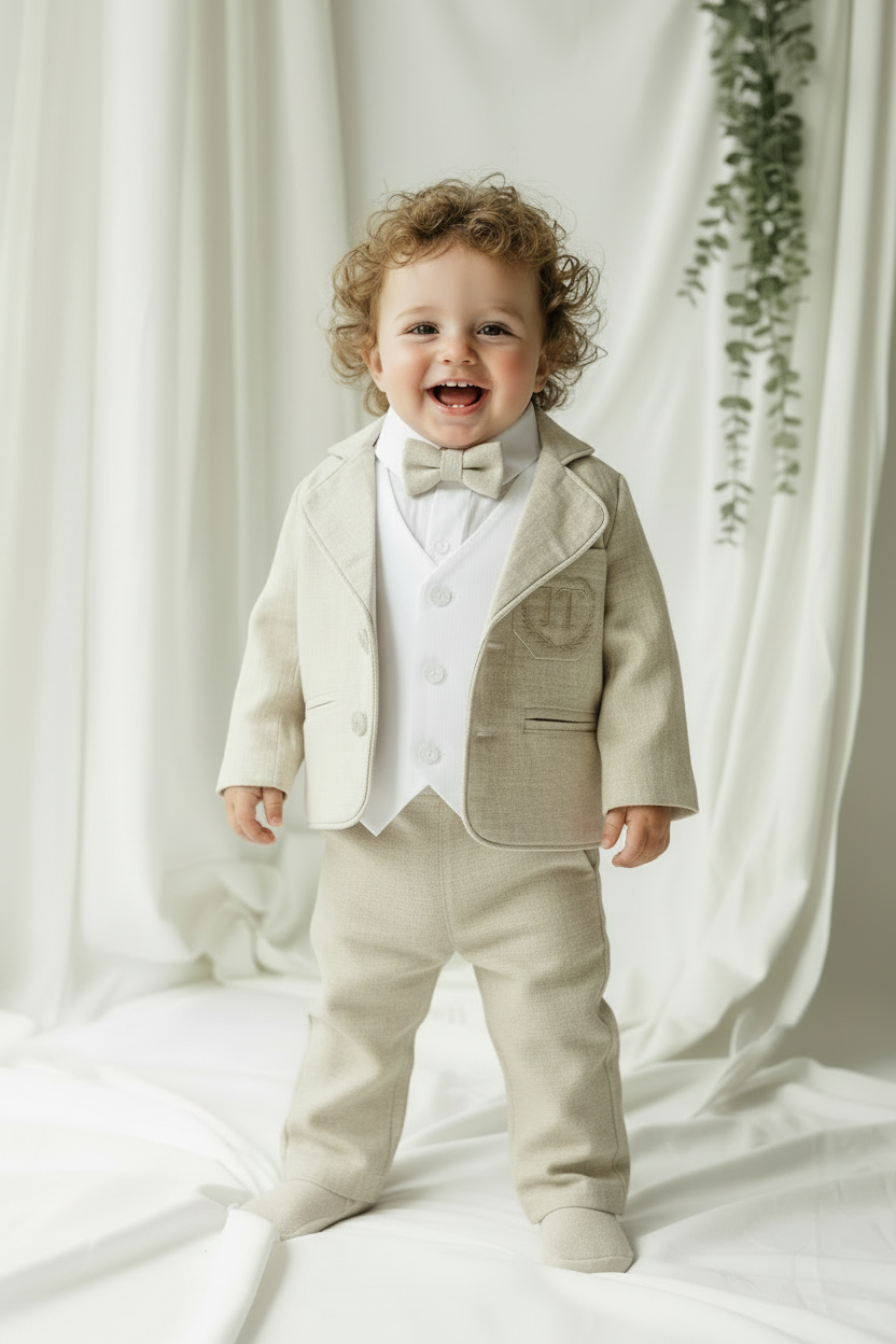 Boys white and beige linen set with vest, shirt, pants, suspenders and bowtie