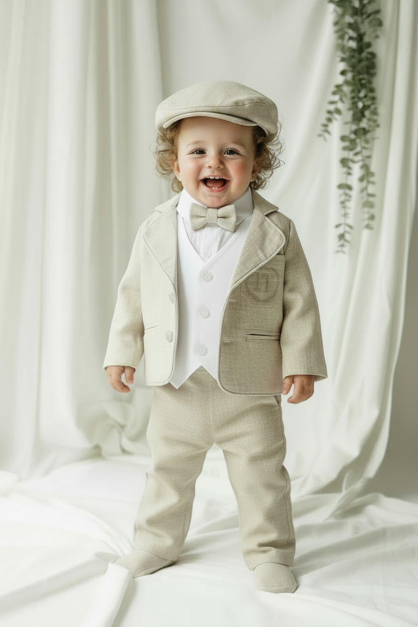 Boys white and beige linen set with vest, shirt, pants, suspenders and bowtie