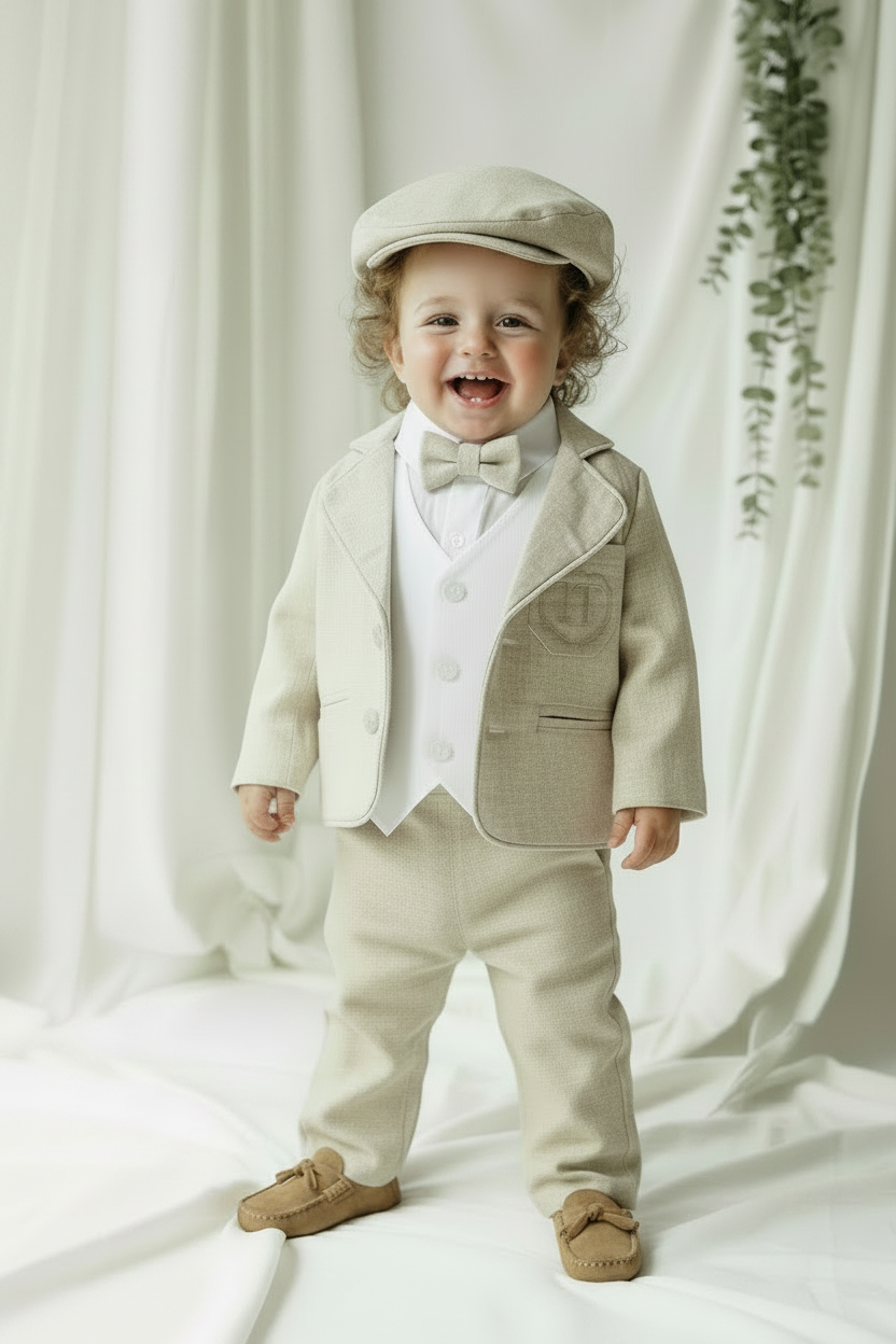 Boys white and beige linen set with vest, shirt, pants, suspenders and bowtie