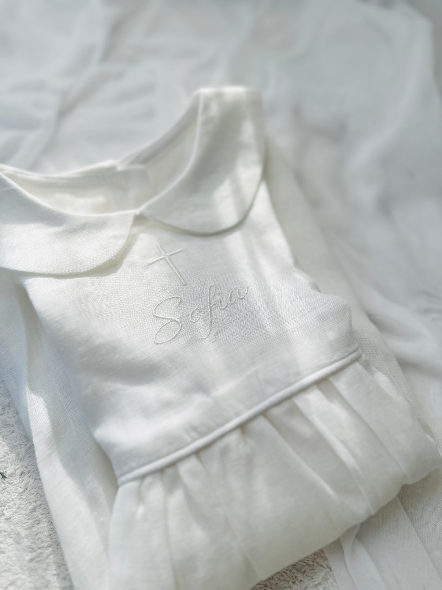 Pure Linen knee length Baptism Dress with embroidery and bloomers and optional ribbon