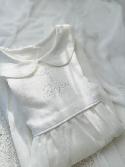 Pure Linen knee length Baptism Dress with embroidery and bloomers and optional ribbon
