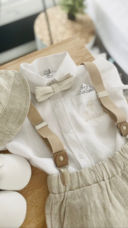 Beige Linen full length suit with pants, shirt, jacket and accessories