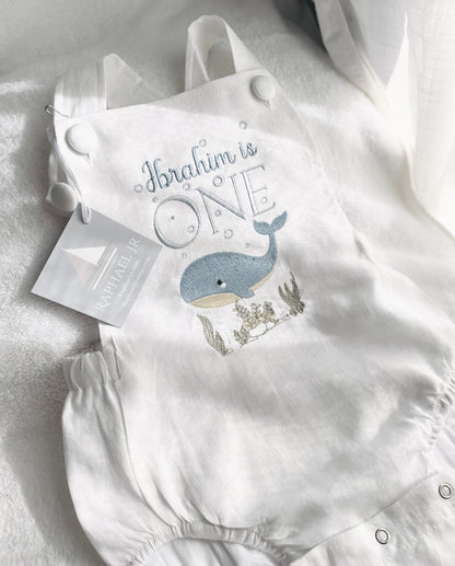Boys White Linen first birthday romper with custom embroidery designs